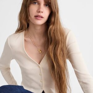 Madewell Lettuce-Hem V-Neck Cardigan Ribbed V-Neck Button Cardigan - Cream